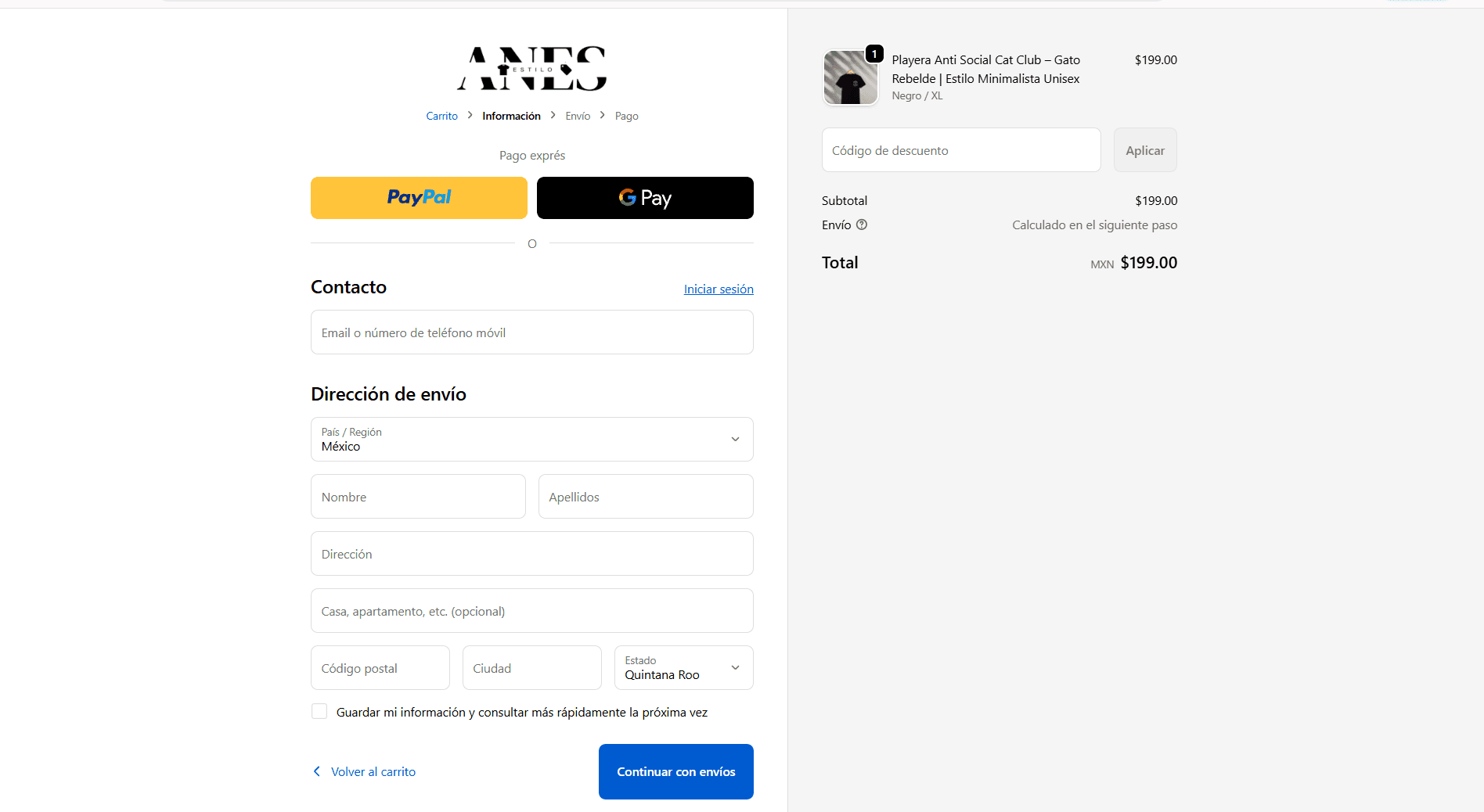 Checkout del e-commerce de Anes