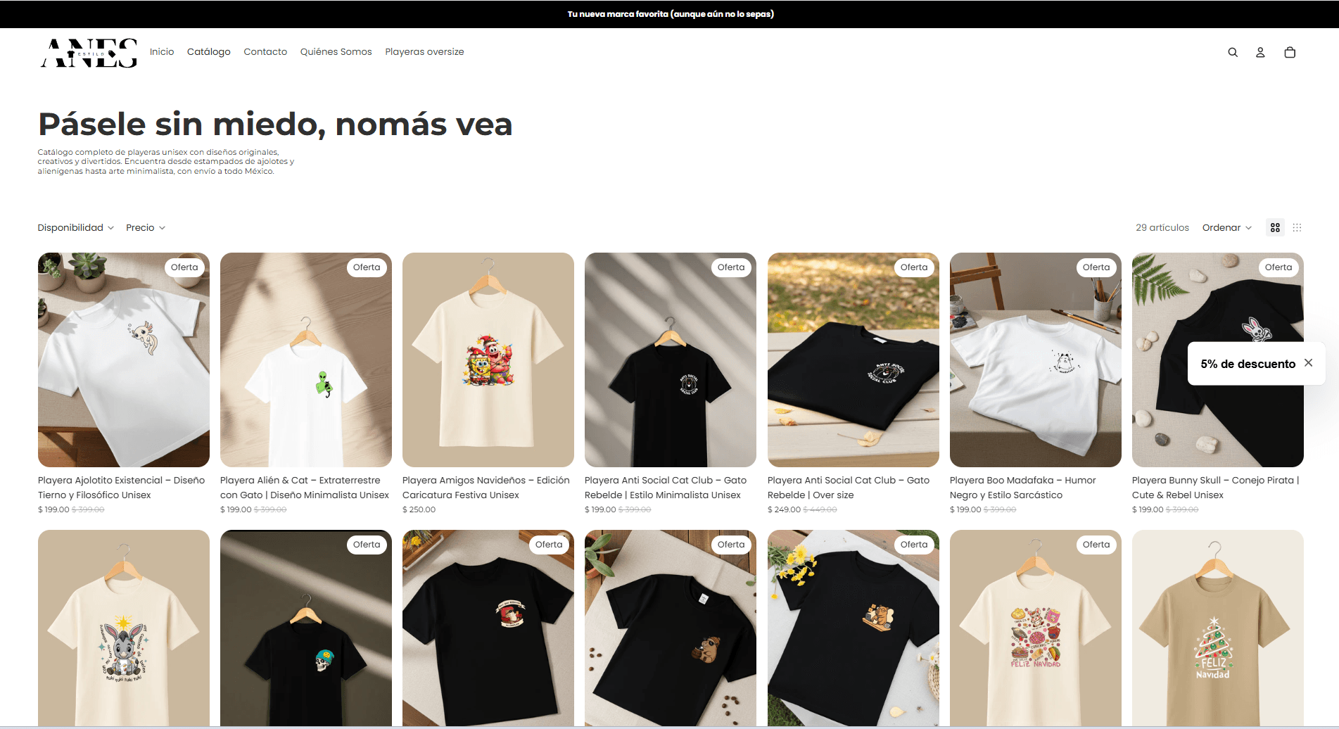 Página de colección o categoría en el e-commerce de Anes