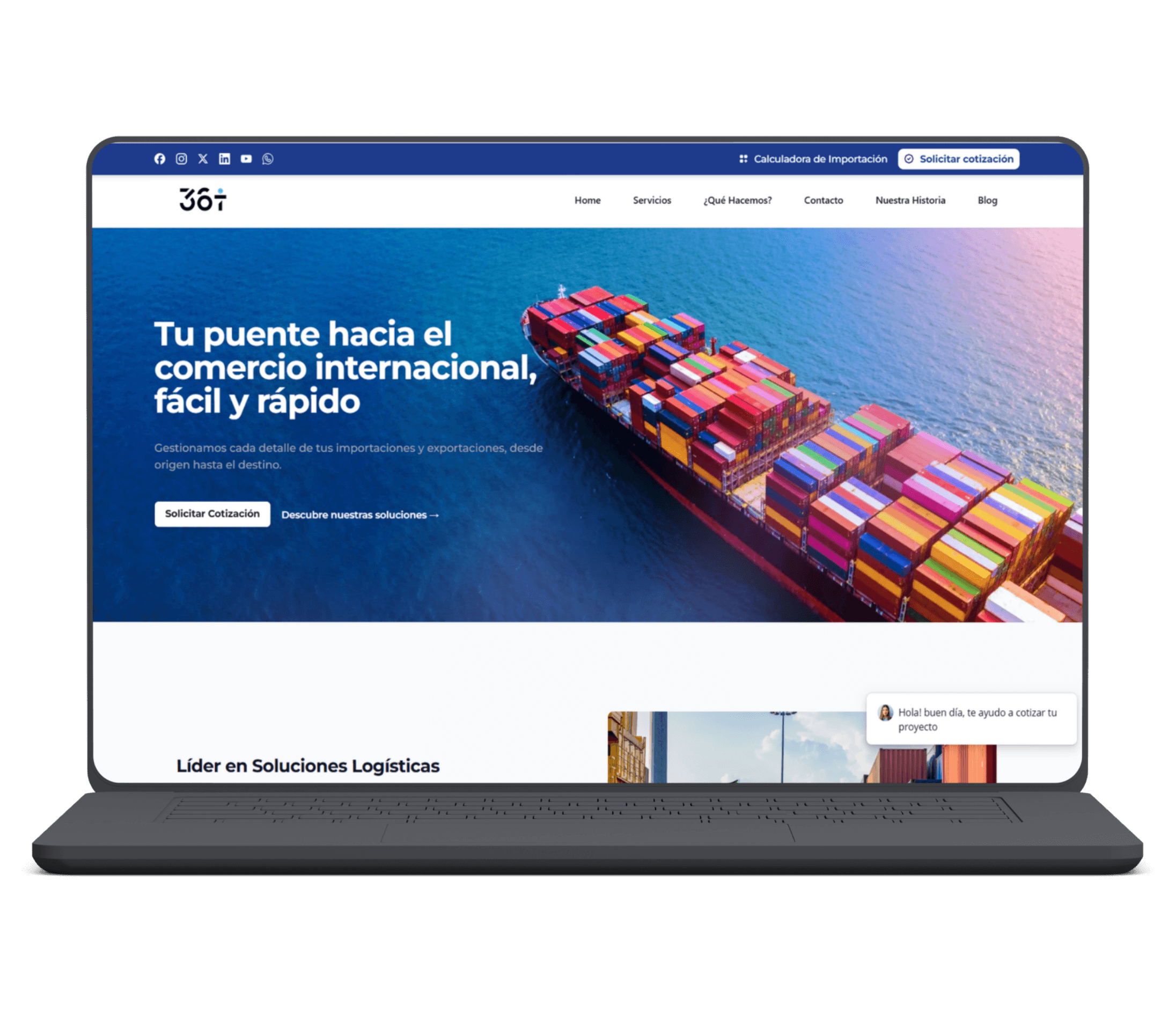 Menú de navegación de página web para empresa de comercio internacional en México desarrollada por BastianSoft